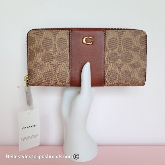 COACH Slim Accordion Zip Wallet In Signature Canvas with Back Slip Pocket-Tan ⭐ - Picture 3 of 16